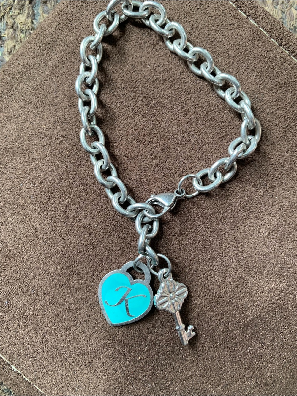 Silver Charm Bracelet with Turquoise Heart Initial K and Key Charm
